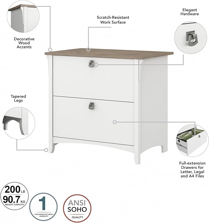 Bush Furniture Salinas 2 Drawer Lateral File Cabinet in Shiplap Gray and Pure White, Home Office Storage Solution, Organizer with Drawers for Workspace, Filing Unit