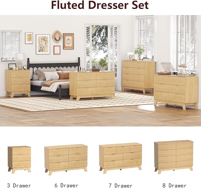 Fluted Dresser for Bedroom,3 Drawer Dresser for Closet,Storage Cabinet and Chest of Drawers with Gold Handle,TV Stand,Storage Organizer for Living Room,Hallway,Entryway,Nature Oak