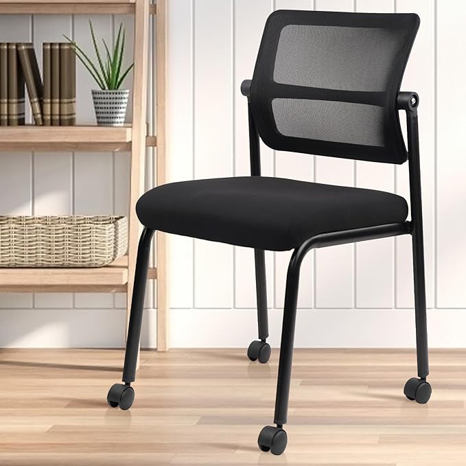 CLATINA Stacking Armless Office Guest Chair with Wheels, Stackable Mesh Waiting Room Reception Desk Chairs with Adjustable Backrest for Conference Lobby Side School, Black, 8PK