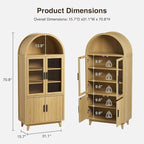 Arched Cabinet with Glass Doors, 71" Tall Fluted Galss Cabinet with Solid Wood Legs, Adjustable Shelves Accent Furniture for Living Room, Kitchen, Dining Room, Entryway, Natural