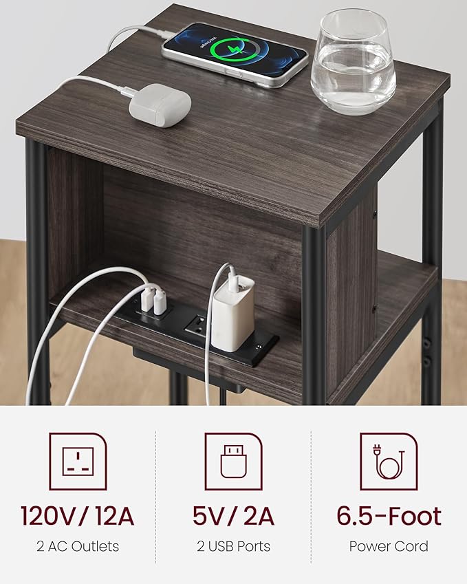 VASAGLE Side Table with Charging Station, 3-Tier End Table with USB Ports and Outlets, Nightstand for Living Room, Bedroom, 11.8 x 13.4 x 22.8 Inches, Plug-in Series, Chestnut Brown and Black