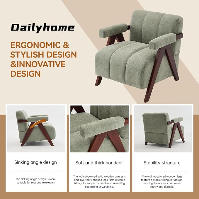 Accent Chair Mid-Century Modern with Wide Backrest for Bedroom, Upholstered Living Room Chair with Wooden, Lounge Armchair with Thick Cushion, Cute Chenille Comfy Chair, Sage