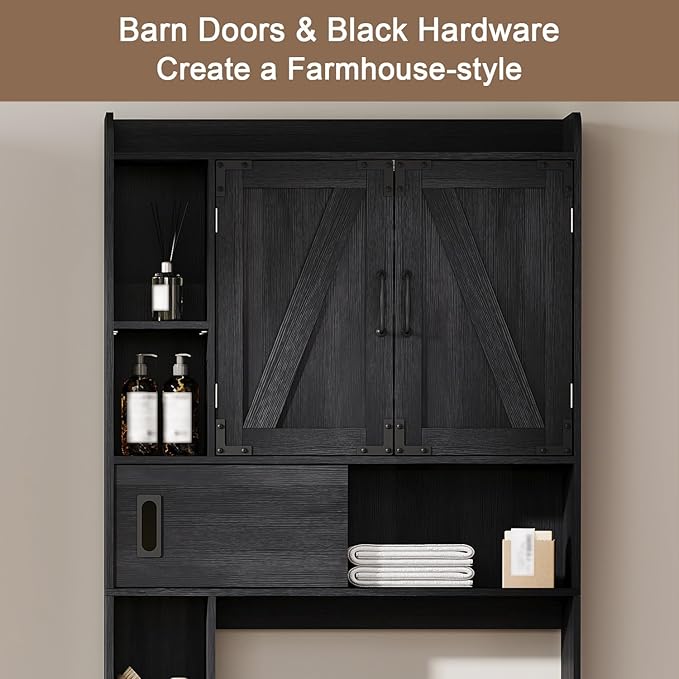 ChooChoo Over The Toilet Storage Cabinet, Farmhouse Bathroom Storage Cabinet with Sliding Door, Over Toilet Storage with Adjustable Shelves, Space-Saving, Black
