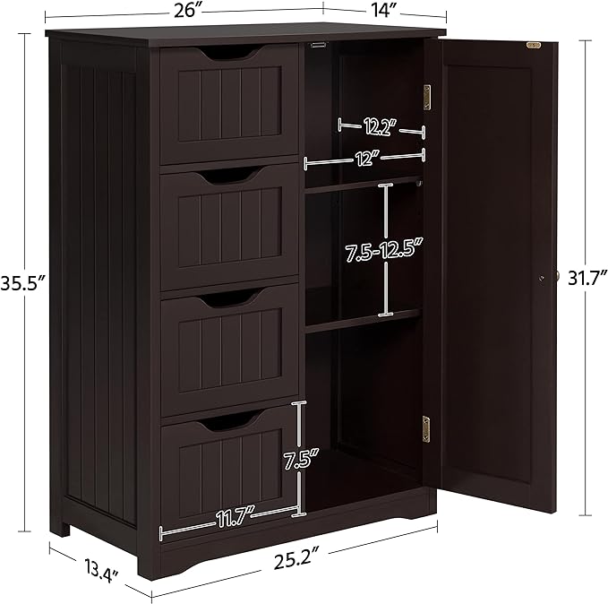 Yaheetech Large Bathroom Floor Cabinet with 4 Drawers and Single Door Cabinet, Freestanding Storage Cabinet for Living Room Kitchen Hallway, Espresso