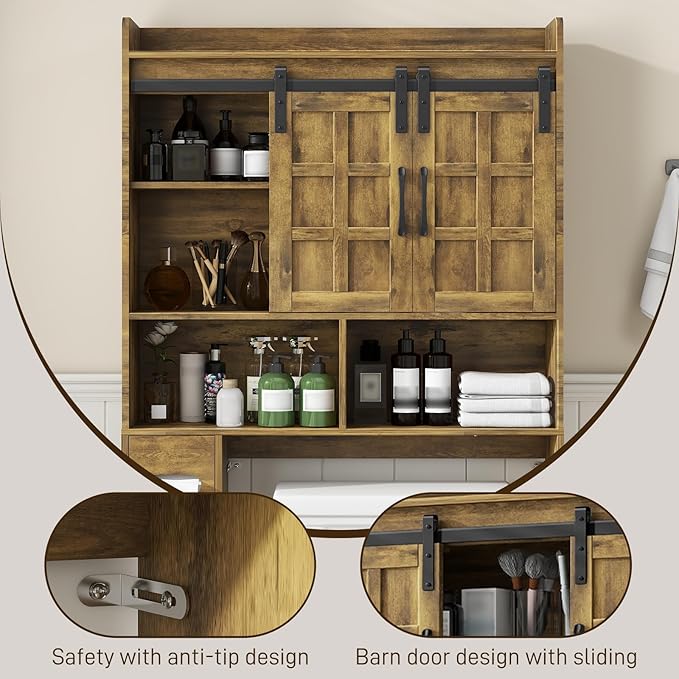 Over The Toilet Storage Cabinet, Farmhouse Storage Cabinet Over Toilet with Sliding Doors，Home Space-Saving Toilet Rack, for Bathroom, Restroom, Laundry. Brown