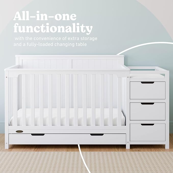 Graco Hadley 5-in-1 Convertible Crib & Changer (White) – GREENGUARD Gold Certified, Fits Standard Crib Mattress, Converts to Toddler Bed and Full Bed, 4 Adjustable Mattress Heights