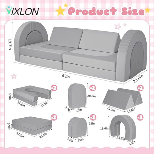 12 Pcs Modular Kids Play Couch, Toddler Couches That Fold Out, Plush Foam Chair for Children’s Playroom, Velvet Fabric Convertible Foam and Floor Cushion for Boys and Girls (Gray,07)