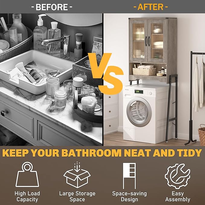 Over The Toilet Storage Cabinet with Tempered Glass Doors and Adjustable Shelf, Bathroom Organizer with Metal Stand Space Saver Over Toilet , Modern Toilet Rack for Bathroom, Restroom, Laundry, Grey