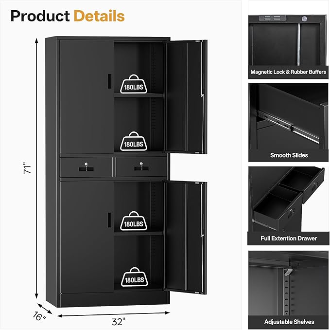 Metal Storage Cabinet，71" Garage Storage Cabinet with 2 Locking Drawer and 4 Adjustable Shelves ，Black Tool Cabinet，Lockable File Steel Cabinet for Home, Office, Gym, School.