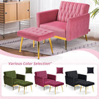Velvet Accent Chair with Adjustable Armrests and Backrest, Button Tufted Lounge Chair, Single Recliner Armchair with Ottoman and Pillow for Living Room, Bedroom, Pink