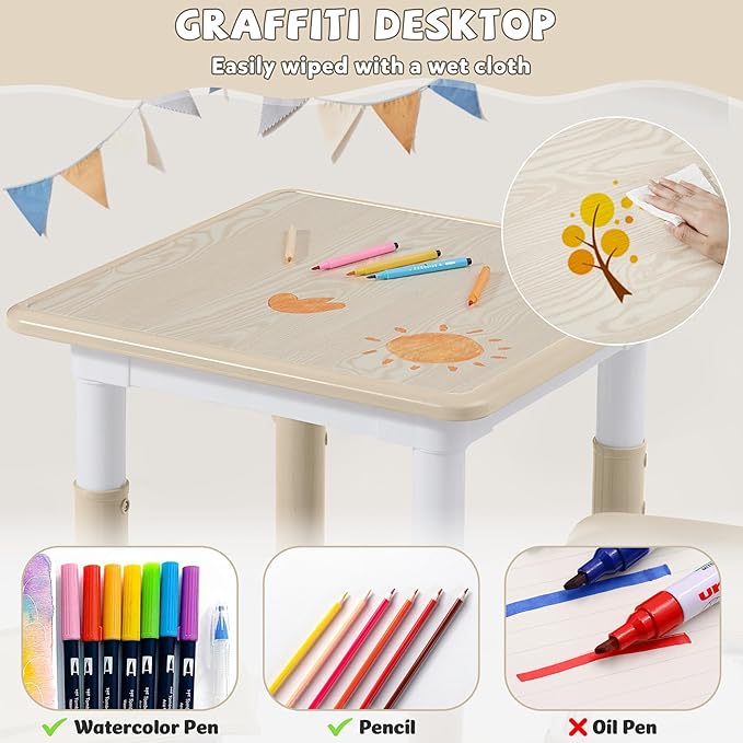 Adjustable Kids Table Chairs Set – Graffiti Desktop, Multi-Activity Height-Adjustable Toddler Study Desk for Ages 3-8 – Ideal for Home, Classroom, Daycare (W-Wood, 4 Chairs-23.6" L x 23.6" W)