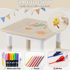 Adjustable Kids Table Chairs Set – Graffiti Desktop, Multi-Activity Height-Adjustable Toddler Study Desk for Ages 3-8 – Ideal for Home, Classroom, Daycare (W-Wood, 4 Chairs-23.6" L x 23.6" W)