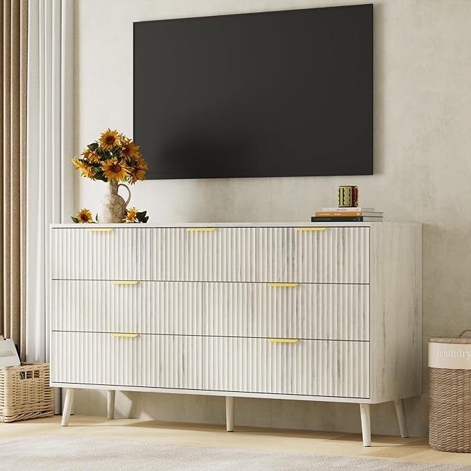 LYNSOM Fluted Dresser and Nightstand Sets 2 Piece, 1-Drawer Nightstands and 7-Drawers Dresser, Wood Bedroom Furniture Set for Home, Bedroom, Hallway, White