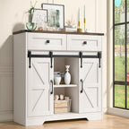 Farmhouse Storage Cabinet With Sliding Barn Doors and Drawers for Bathroom, Kitchen, Living Room - Rustic Style Floor Storage, White