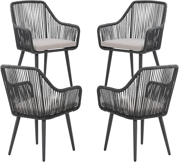 JOIVI Outdoor Patio Dining Chairs Set of 4, Woven Rattan Chairs with Armrest & Cushions Kitchen Wicker Dining Chairs with Iron Frame, Outdoor Seating for Outside, Lawn, Garden, Backyard, Indoor, Black