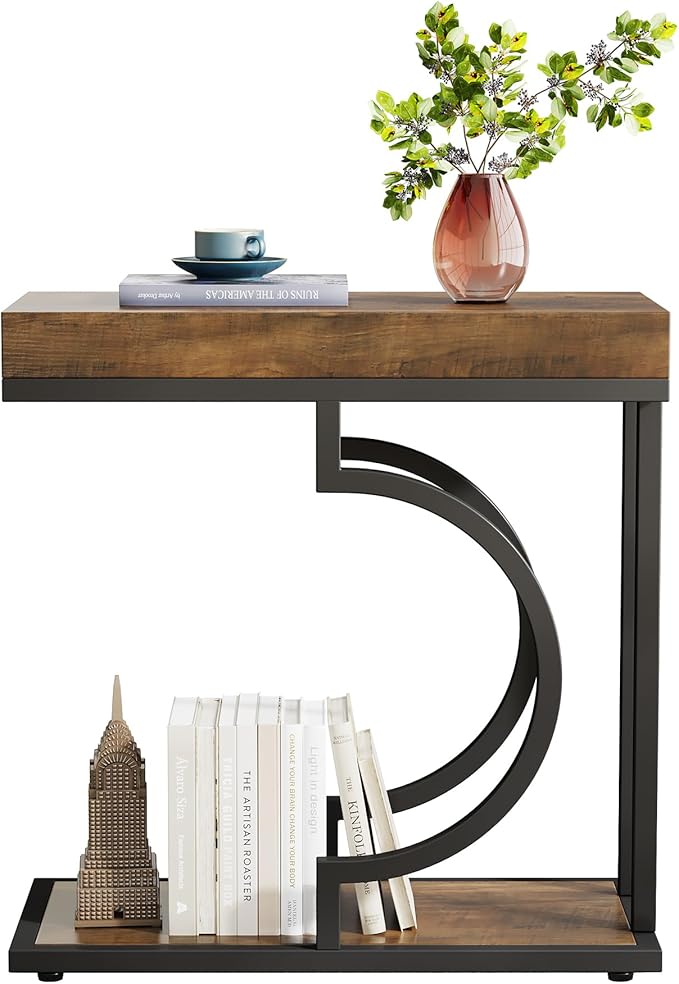 Tribesigns Side Table Set of 2 Narrow C Shaped End Table Modern Bedside Tables for Couch, Small Sofa Chairside Table with Metal Frame for Living Room (2, Brown+Black)