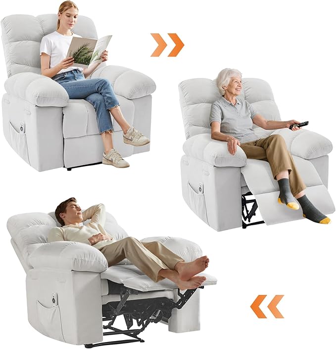 Recliner Rocking Chair with Massage and Heat, Wide Overstuffed Ergonomic Fabric Recliner with Breathable Upholstery, 2 Side Pockets & Remote Control for Living Room or Bedroom