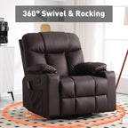 Bonzy Home Swivel Rocker Recliner with Heating and Massage, 40" Manual Rocker Recliner Chair, PU Leather Single Sofa with 2 Cup Holders for Living Room Bedroom, Brown