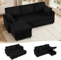 84" Corduroy Pull Out Sofa Bed w/Adjustable Backrests, Sectional L-Shape Sleeper Sofa w/Storage Chaise, Convertible Couch Bed w/USB Charging Port & Cup Holders for Living Room, House, Black