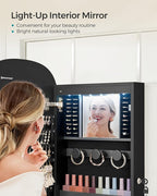 SONGMICS Jewelry Organizer, LED Jewelry Cabinet Wall/Door Mounted, Lockable Rounded Wide Mirror with Storage, Christmas Gift 3.9 x 16.5 x 42.5 Inches, Black Surface with Black Lining