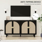 Black 4-Door Rattan Buffet Cabinet-Sideboard Buffet Cabinet with Storage, Accent Sideboard Cabinets-Wood Credenza with Cane Door, Boho Style Console Table for Dining Room & Living Room