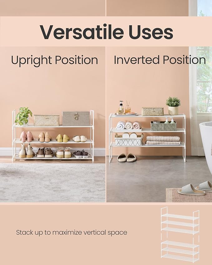 SONGMICS Shoe Rack, 3-Tier Shoe Organizer, Metal Storage Shelf, Upright or Upside Down, for 16-20 Pairs, Stackable, for Entryway, 11.8 x 36.2 x 21.7 Inches, Pearl White ULSA303W03