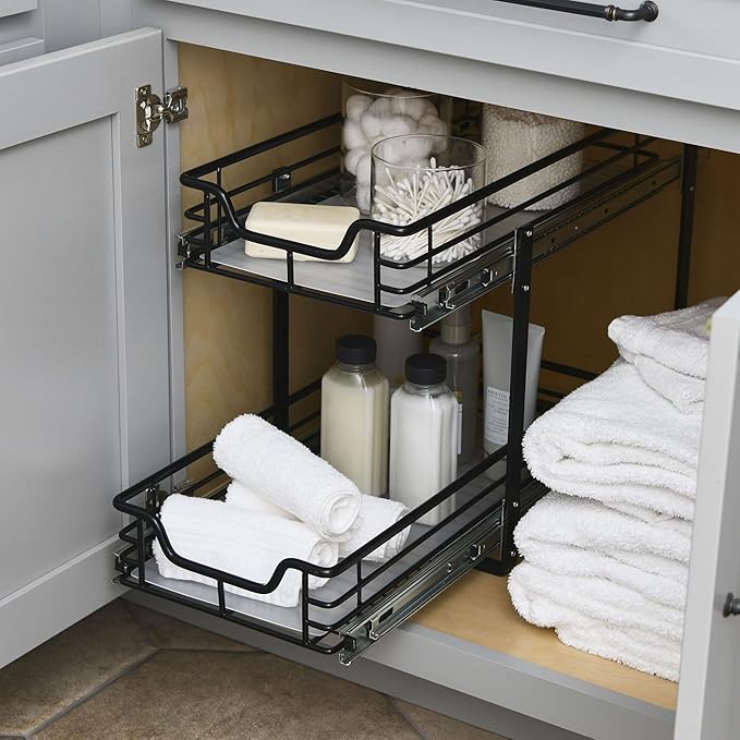 Household Essentials Glidez Multipurpose Paint-Finished Steel Pull-Out/Slide-Out Storage Organizer with Plastic Liners for Under Cabinet Use - 2-Tier Dual-Slide Design, Black