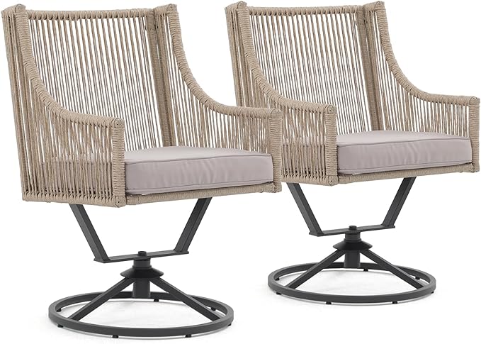 JOIVI Swivel Patio Chairs Set of 2, Outdoor Rattan Dining Chairs with Breathable Cushions, Outdoor Swivel Rattan Chair with Iron Frame for Lawn, Garden, Porch, Backyard, Beige