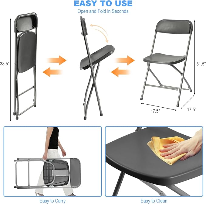 90 Pack Plastic Folding Chairs, Portable Party Chairs, Stackable Commercial Seats with Steel Frame for Home Office Wedding Party Indoor Outdoor Events Chairs, 350lbs Capacity,Gray