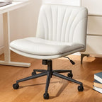 Marsail Armless-Office Desk Chair with Wheels: PU Leather Cross Legged Wide Chair,Comfortable Adjustable Swivel Computer Task Chairs for Home,Office,Make Up,Small Space,Bed Room, Gray Beige