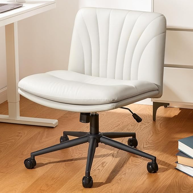 Marsail Armless-Office Desk Chair with Wheels: PU Leather Cross Legged Wide Chair,Comfortable Adjustable Swivel Computer Task Chairs for Home,Office,Make Up,Small Space,Bed Room, Gray Beige