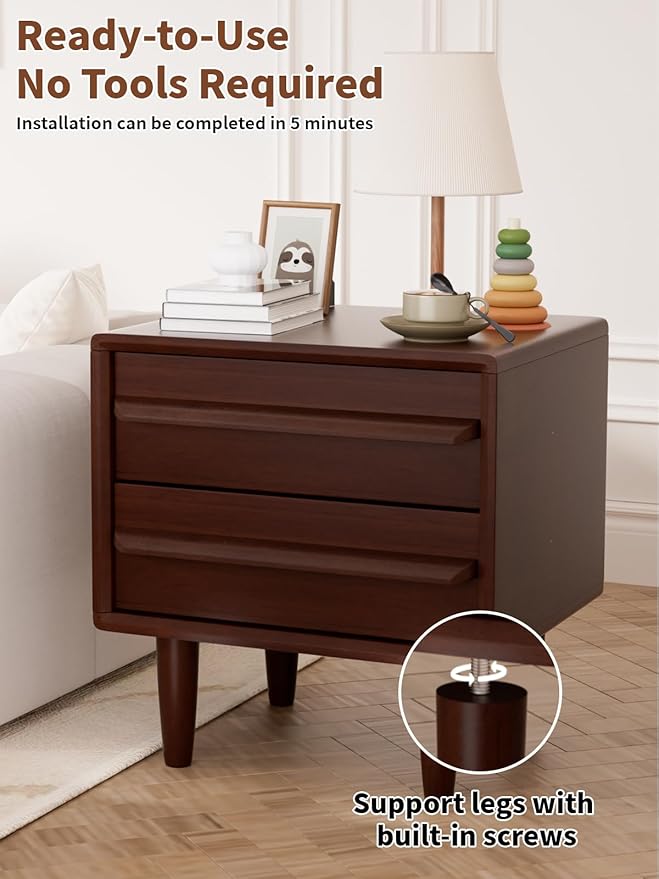 Solid Oak Wood Nightstand, Mid-Century Modern Bedside Table with 2 Drawers, Curved Profile End Table with Storage & Solid Wood Feet for Bedroom, Easy Assembly, Dark Walnut Color (15.7"Dx17.7"Wx21.6"H