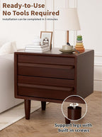 Solid Oak Wood Nightstand, Mid-Century Modern Bedside Table with 2 Drawers, Curved Profile End Table with Storage & Solid Wood Feet for Bedroom, Easy Assembly, Dark Walnut Color (15.7"Dx17.7"Wx21.6"H