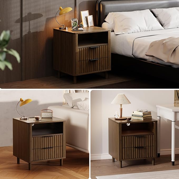 Fluted Nightstand Set of 2, 2 Drawers Storage Bedside Table with Charging Station, Wood Modern Nightstand with Open Shelf, Curved Profile Design, End Table for Indoor Room Bedroom, Walnut