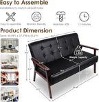STHOUYN Black Small Leather Couch for Office, Booth Seating 2 Person Waiting Room Bench Couch, Mid Century Modern Loveseat Wood Sofa (Black)