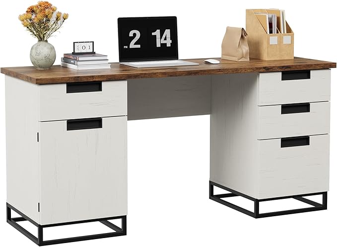 IDEALHOUSE Farmhouse Executive Desk, 59" Computer Desk, White Home Office Desks with File Drawer and Storage Cabinet, Wood Writing Desks for Home Office, Bedroom, White+Vintage