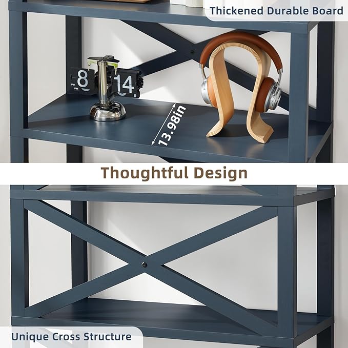 5 Tier Bookshelf 70" Tall Bookcase with Barn Doors,Large Farmhouse Display Book Shelf with Adjustable Shelves and Storage Cabinet,Wood Bookshelves for Living Room,Kitchen,Navy Blue(2PCS)