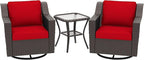 3 Pieces Patio Conversation Furniture Set - 2 Swivel Chairs, 1 Side Table, Outdoor Wicker Rocking Glider Armchairs with Washable and Water-Resistant Cushions for Porch, Balcony (Red)