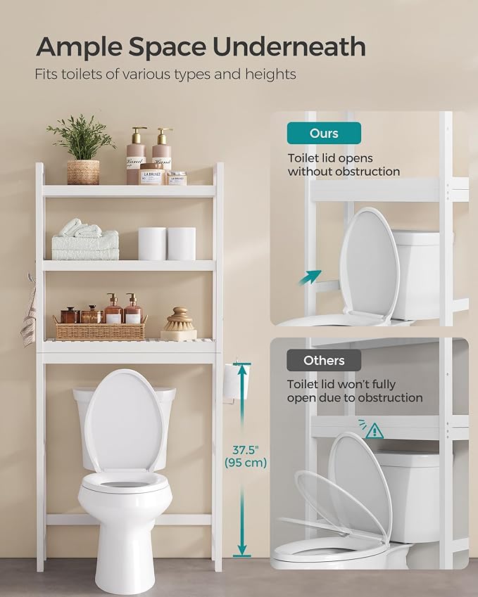 SONGMICS Over The Toilet Storage, 3-Tier Over Toilet Bathroom Organizer with Adjustable Shelf, 10.2 x 24.8 x 66.9 Inches, Space-Saving, Cloud White UBTS01WT