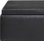 SIMPLIHOME Owen 34 inch Wide Mid Century Modern Rectangle Tray Top Small Coffee Table Storage Ottoman in Distressed Black Vegan Faux Leather, Assembled, for the Living Room, Entryway and Family Room