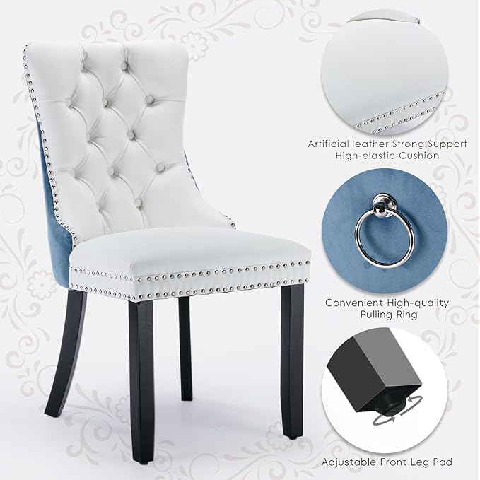 Leather Upholstered Dining Chairs Set of 2, Modern Style Kitchen Side Chairs with Nailhead Trim and Wood Leg, Metal Pulling Ring for Dining Room Living Room(White&Blue,Set of 2)