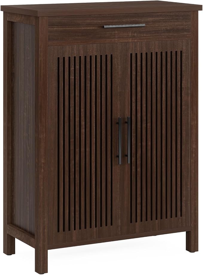 Tribesigns Shoe Cabinet, 5-Tier Shoe Storage Cabinet with Louvered Doors and Drawer, Freestanding Wooden Shoe Rack Organizer with Adjustable Shelves for Entryway, Hallway, Closet, Black Walnut