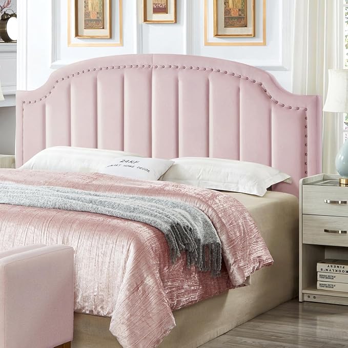 24KF Velvet Fabric Upholstered King/California King Headboard with Nail Trims, Modern Vertical Channel Design with Curved King Headboard, 6052-K-Pink