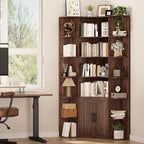 74" Tall Corner Bookshelf with 2 Arched Doors, 6-Tire L Shaped Bookcase with 16 Open Storage Shelves, Rustic Large Corner Shelf with Cabinet for Living Room, Home Office