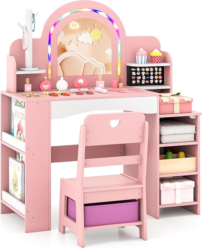 Costzon Kids Vanity, Girls Vanity Set with Lighted Mirror, Bookshelf, Jewelry Storage, Toddler Makeup Vanity Desk Dressing Table, Wooden Kids Vanity Table and Chair Set (Pink)
