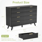 Black Fluted 8 Drawer Dresser for Bedroom, Chest of Drawers with Solid Wood Legs, Modern Dresser Chest Cabinet Organizer with Golden Handles, Beside Table for Closet,