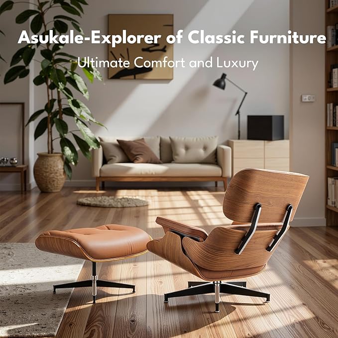 Top Grain Leather, Mid Century Chaise Lounge Chair and Ottoman, Modern Chair Classic Design, Heavy Duty Base Support for Living Room Study Lounge Office, Walnut-Brown, Heightening