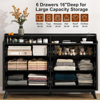 Dresser for Bedroom with 6 Drawers, 55" Large Dresser & Chest of Drawers with Charging Station, Wood Closet Clothes Storage Long Dressers Organizer for Bedroom Living Room Hallway, Black