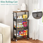 Slim Storage Cart 4 Tier Narrow Kitchen Rolling Cart on Wheels for Small Space, Mobile Utility Cart Shelving Unit with Wooden Top and Metal Handle for Kitchen, Bathroom, Laundry Room
