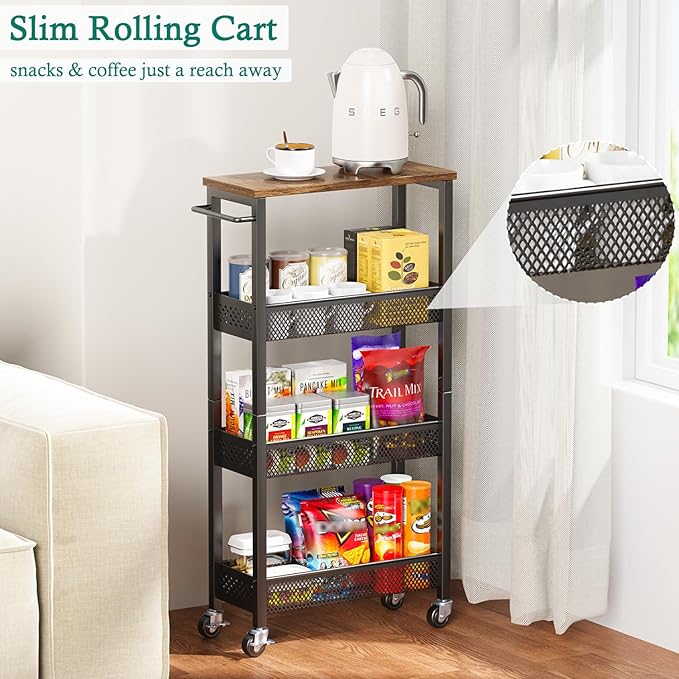 Slim Storage Cart 4 Tier Narrow Kitchen Rolling Cart on Wheels for Small Space, Mobile Utility Cart Shelving Unit with Wooden Top and Metal Handle for Kitchen, Bathroom, Laundry Room